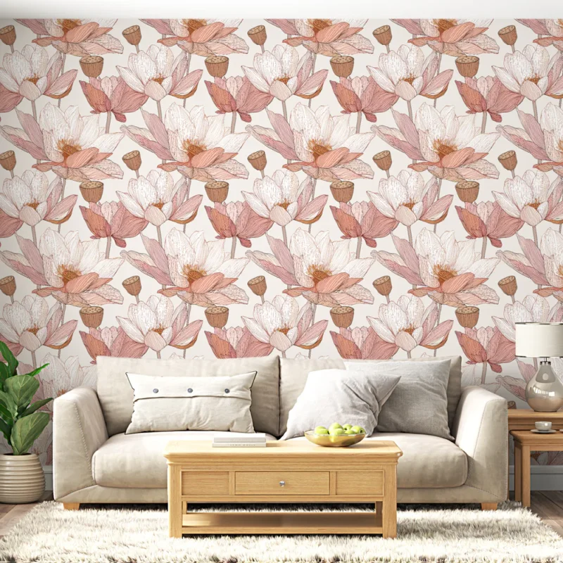 Papier peint floral Motifs de fleurs délicates dans des tons roses et beige Offre Exclusive