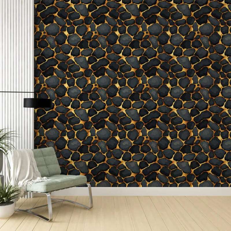 Dernier Modèle Papier peint pierre Motif de galets noirs et dorés