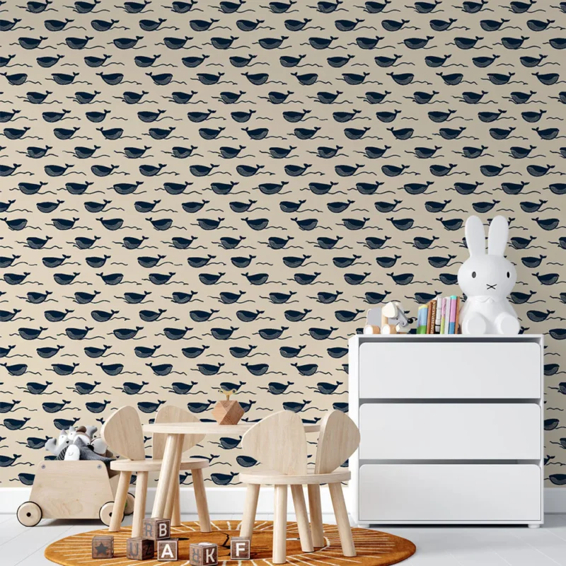Papier peint baleines Motif ludique de petites baleines en bleu sur fond beige Top Vente