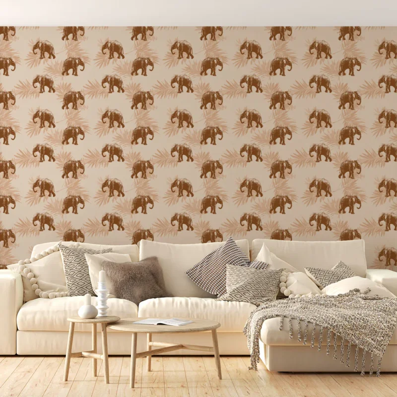 Papier peint éléphants Éléphants sur fond pastel avec des feuilles exotiques Expédié Aujourd'hui