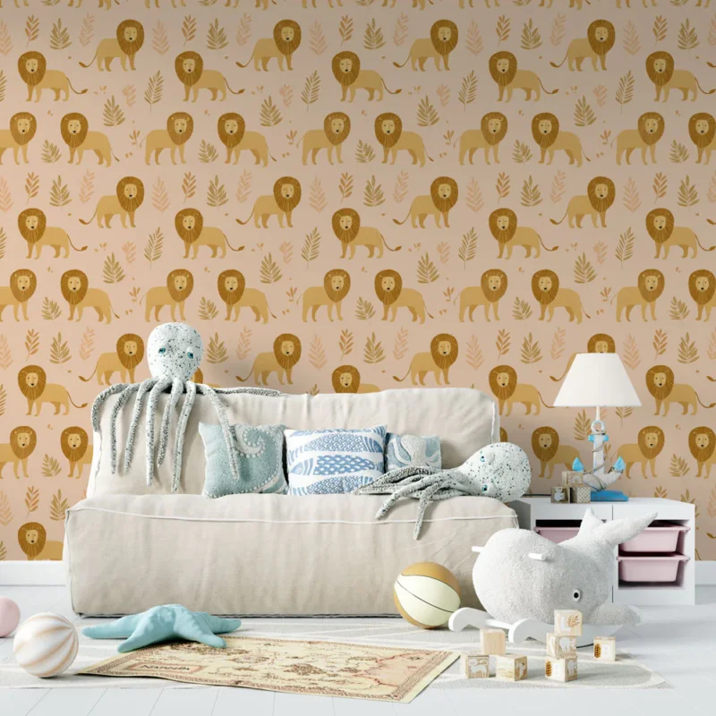Retour Gratuit Papier peint lion Motif ludique de lions sur fond pastel